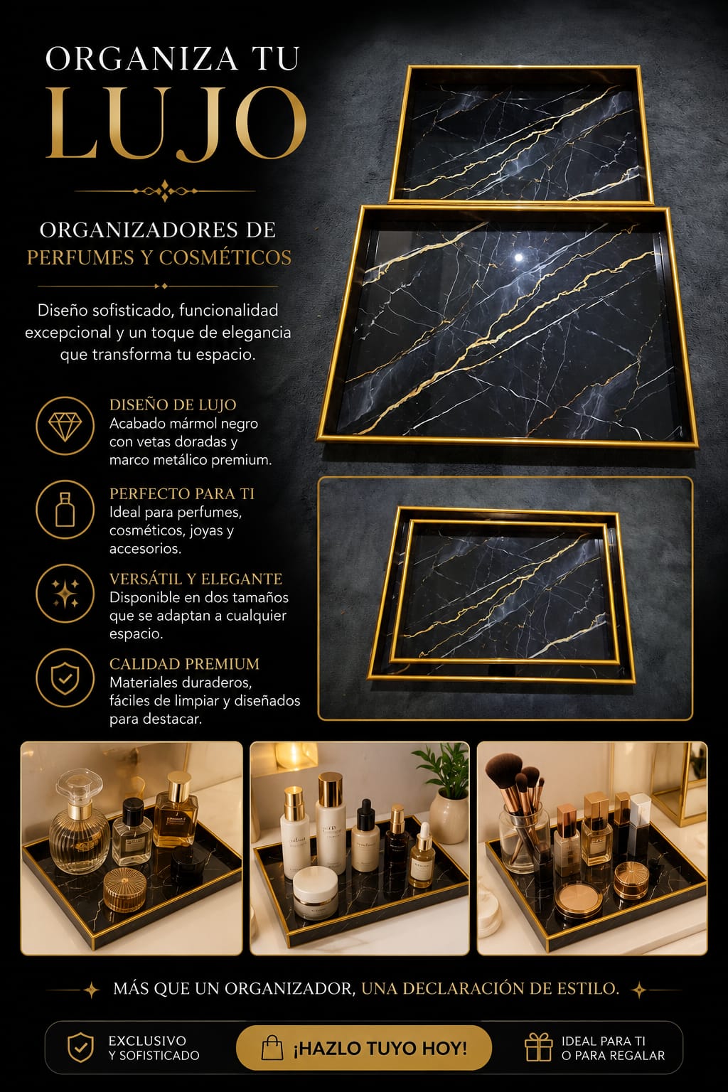 Set de Bandejas Organizadoras Mármol Negro con Dorado