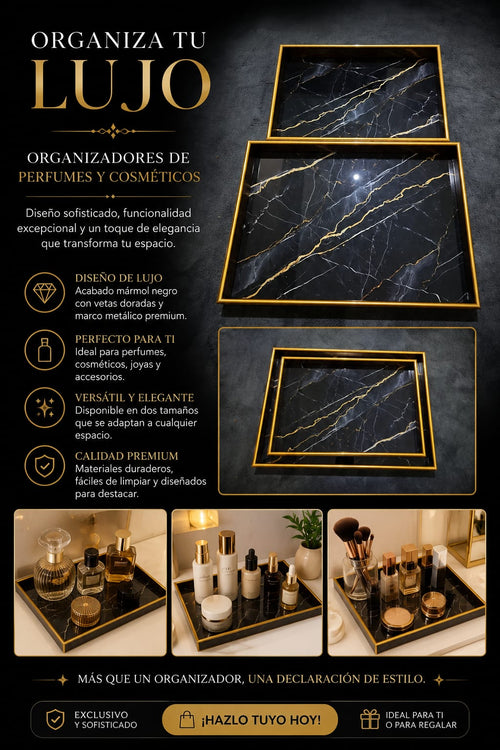 Set de Bandejas Organizadoras Mármol Negro con Dorado