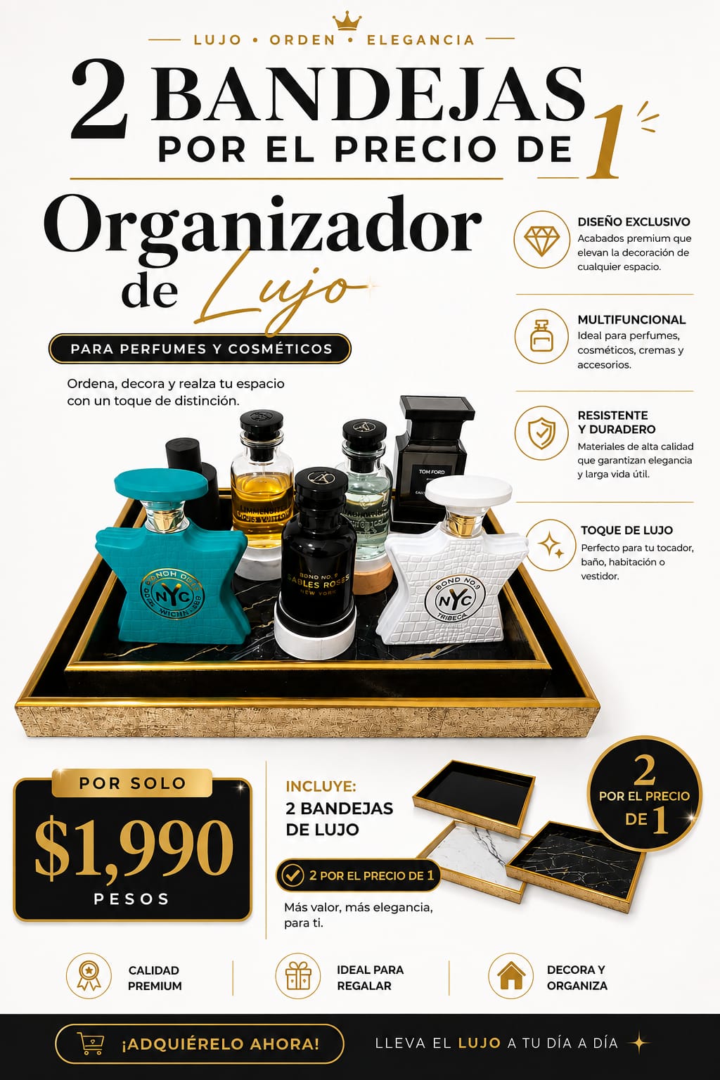 Set de Bandejas Organizadoras Mármol Negro con Dorado – 2 Piezas