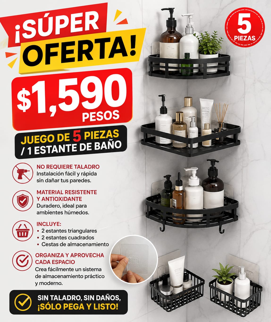 Set Organizador de Baño de 5 Piezas – Negro
